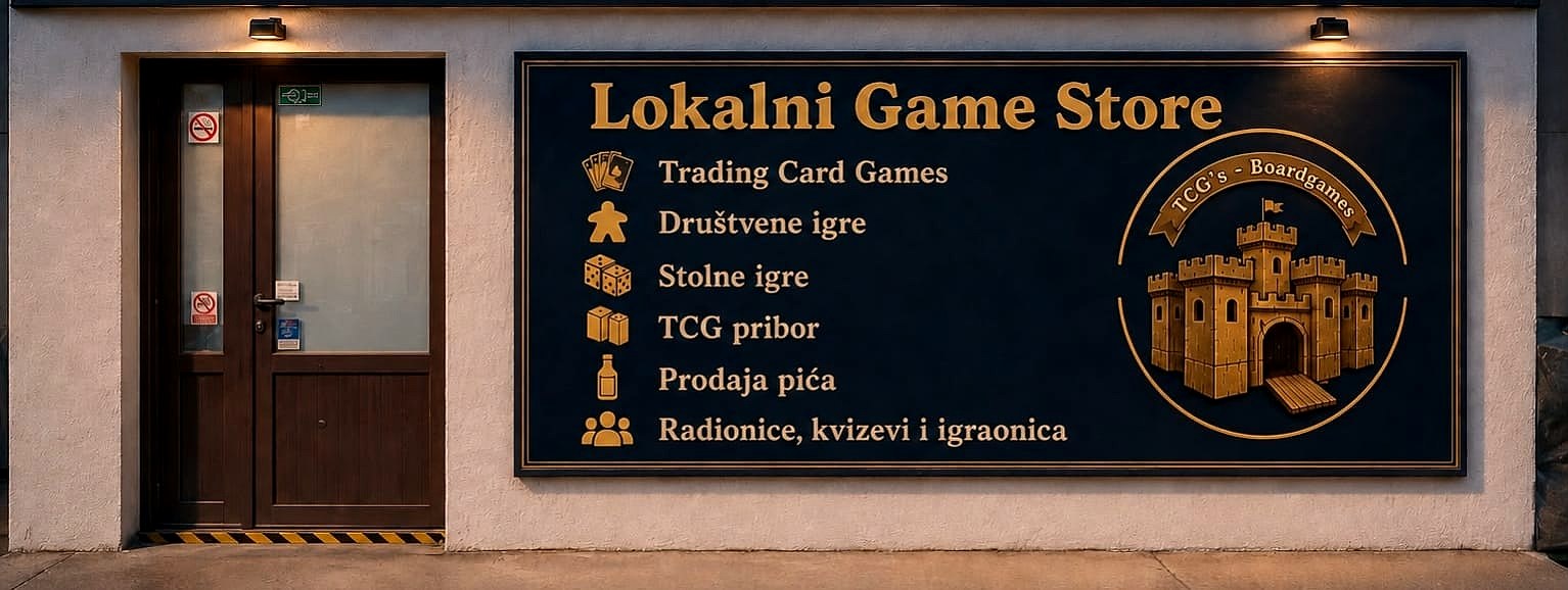 Ulaz u Card Board Kingdom s velikim natpisom Lokalni Game Store.