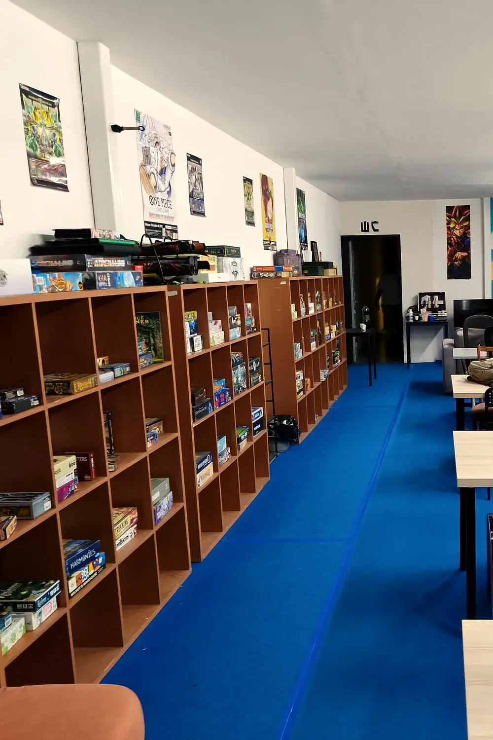 Game shelves and a blue carpet inside Card Board Kingdom.